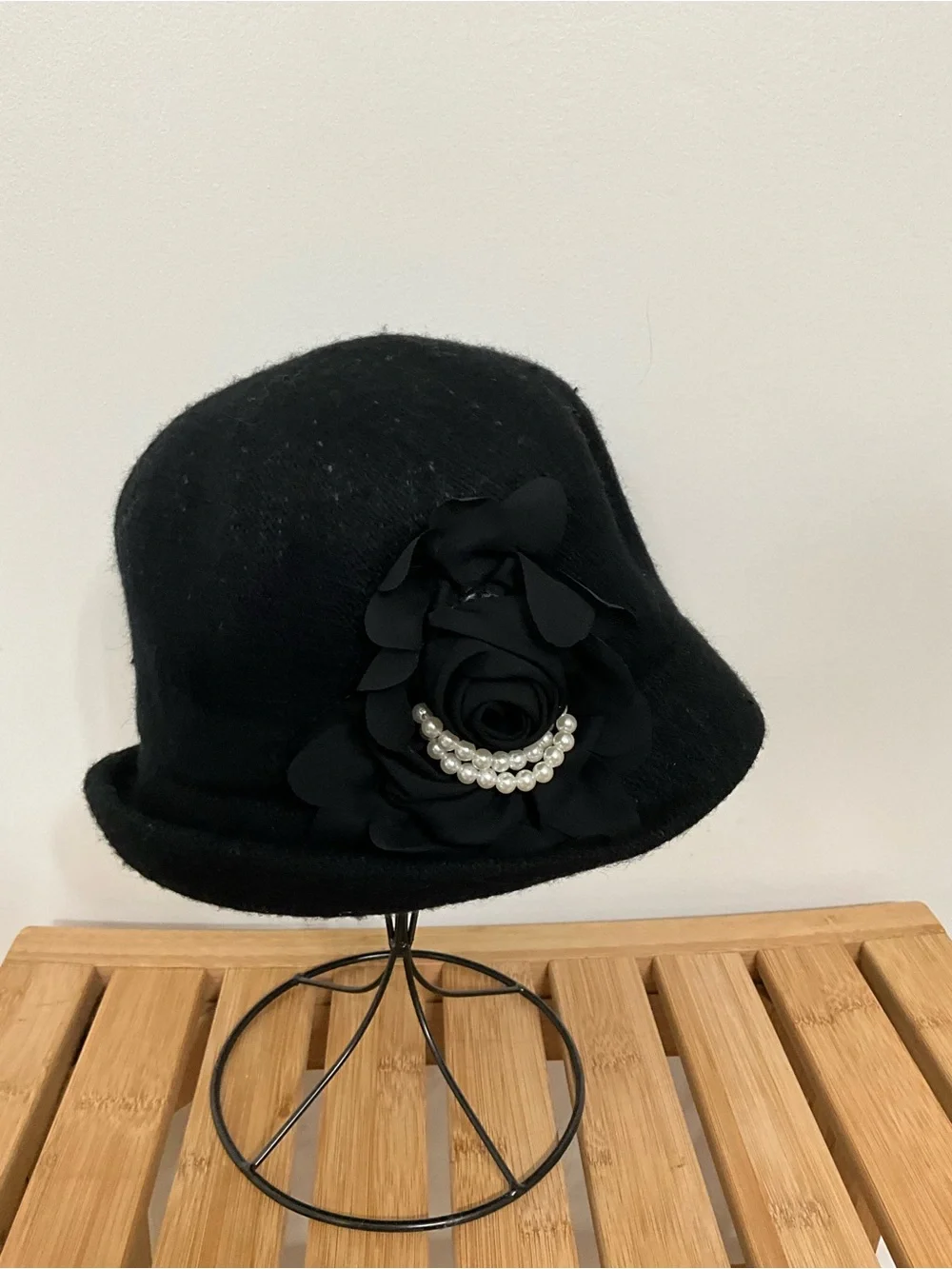 August Hat Company Black Wool Blend Cloche Hat Floral Pearl Accent 22.75”